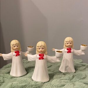 Set of Three porcelain choir girl candleholders  with Red Bows